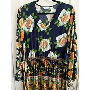 Womans Kaktus Dark Blue Long Sleeved Long Dress W/‎ Multicolored Flowers Size L